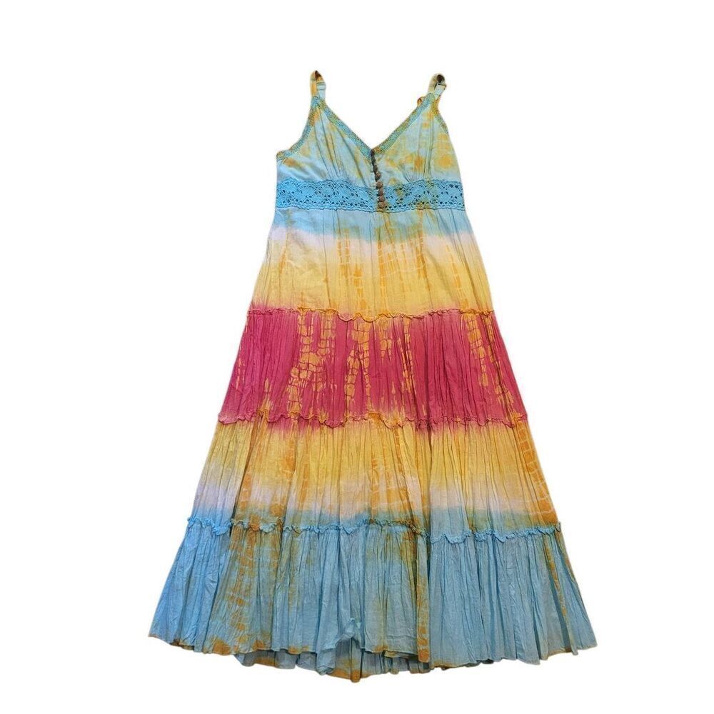 Vasna Desire Dress Women's Medium Multicolor Tie Dye Tiered Crochet Trim Maxi